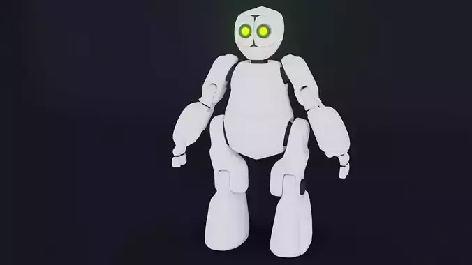 White toy robot with black and green light eyes