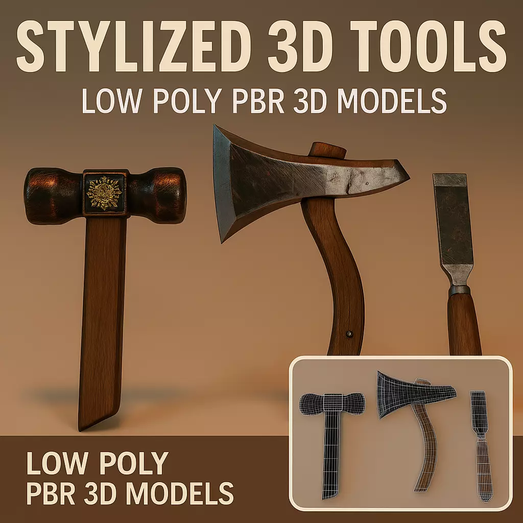 Stylized 3D Tools Pack - PBR Medieval Tools Low-poly 3D model_0