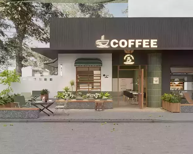 The facade of the coffee shop and the outdoor seating area 3D model