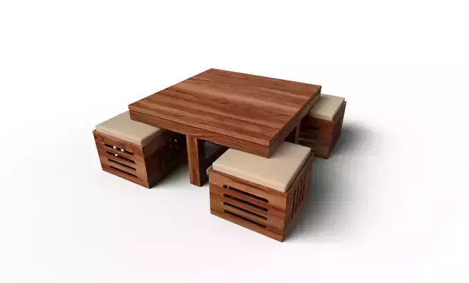 Solid Sheesham Wood Center Coffee Table with 4 stools