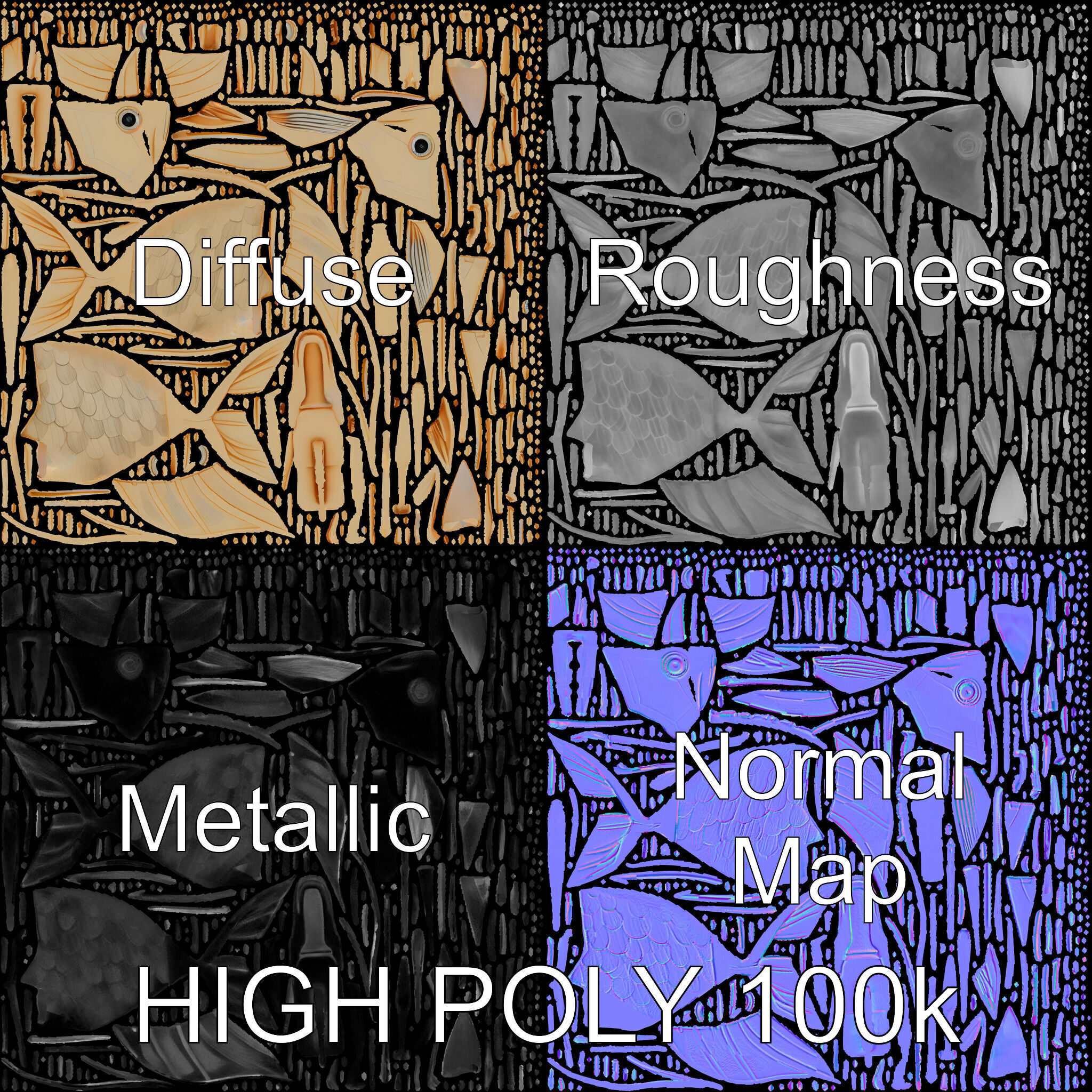 Golden Origami Fish Model Pack Low-poly 3D model_7