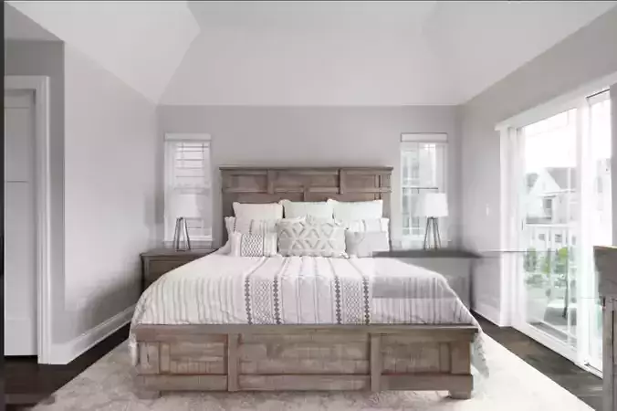 Wooden Bed with Patterned Bedding