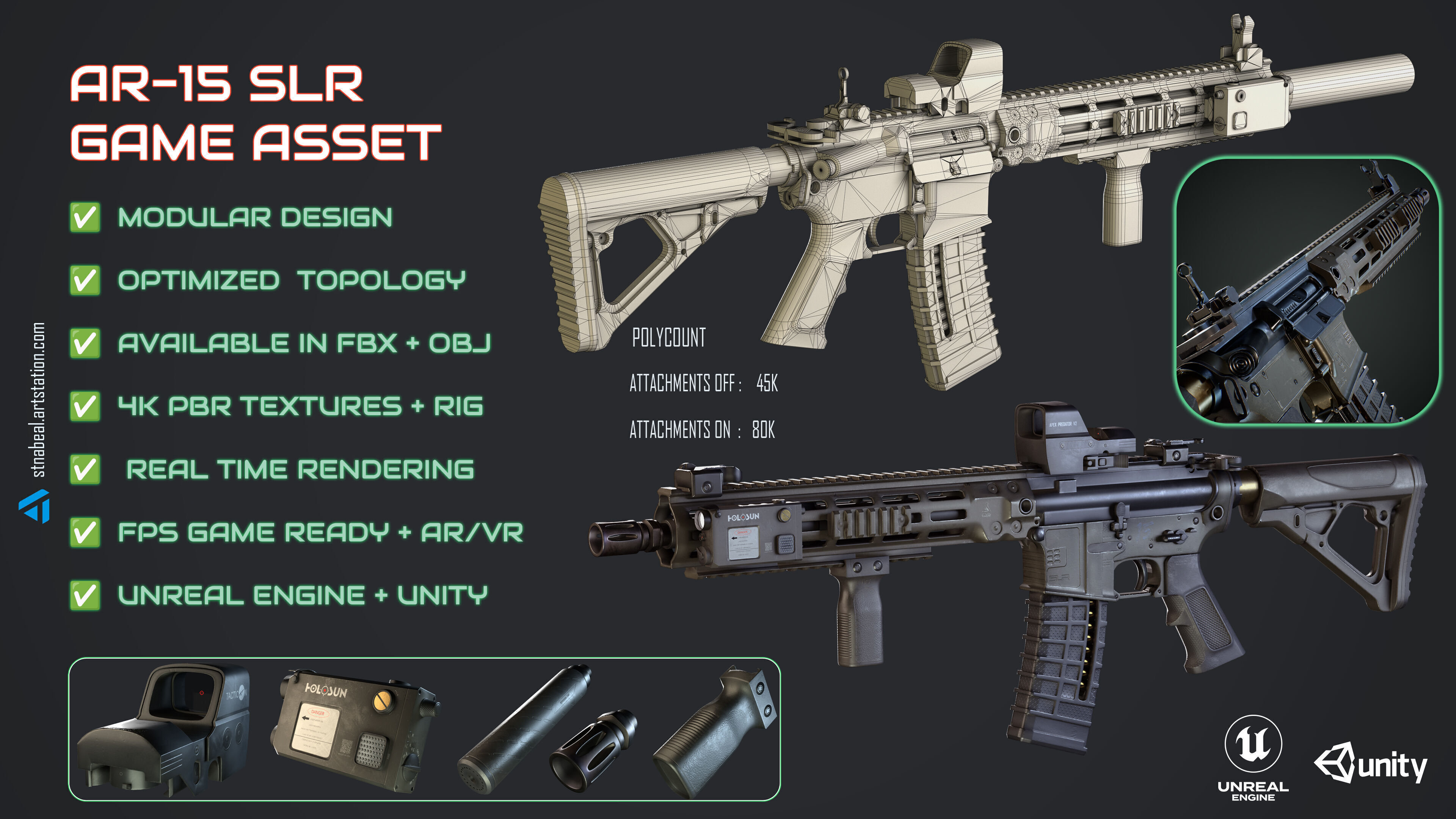 AR-15 SLR Modular Game-Ready Rifle Low-poly 3D model_4