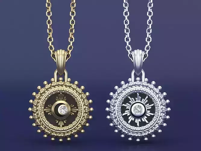 Sun and Moon Textured Coin Pendant Necklace 3D Design