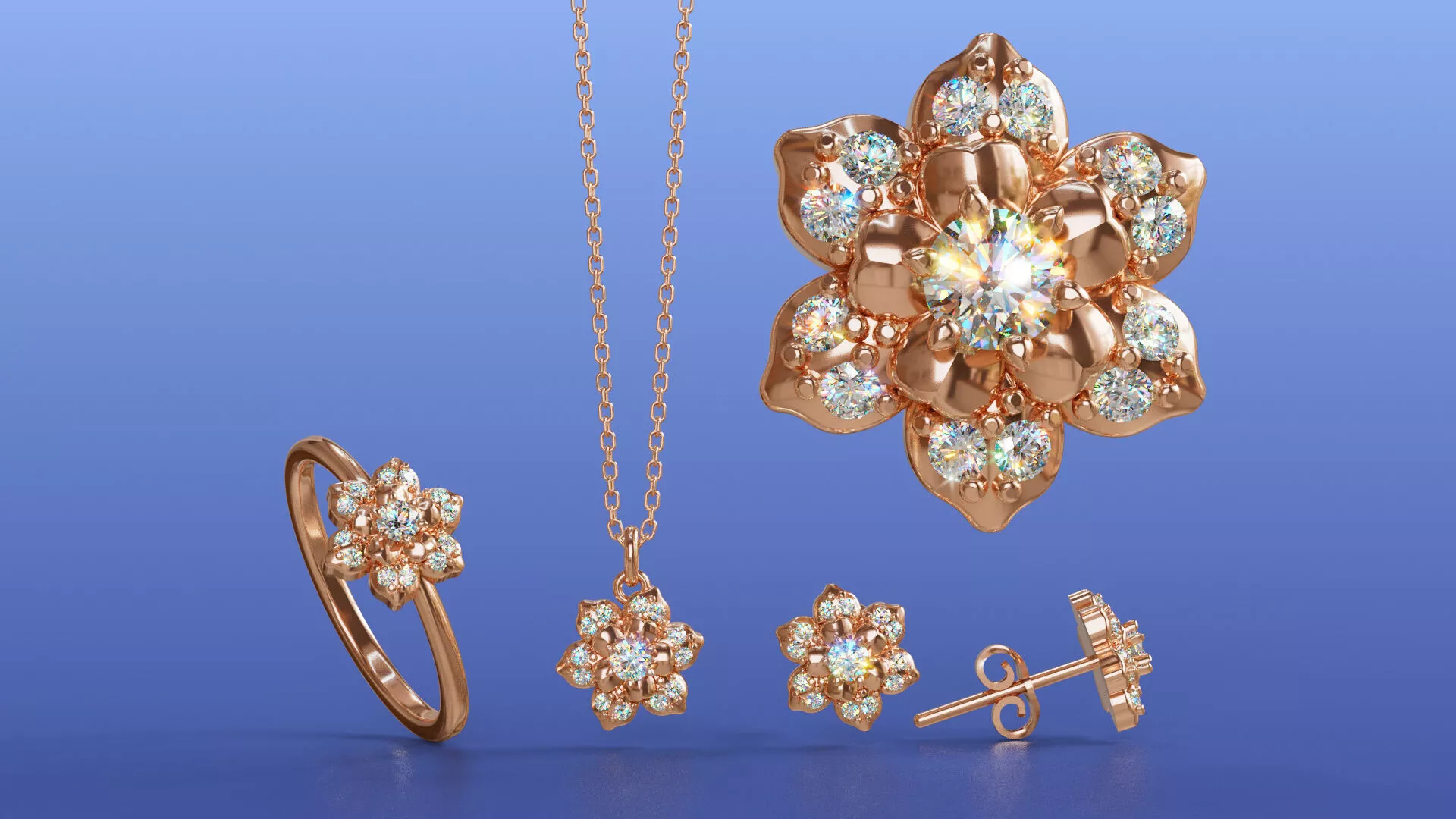 Flower Diamond Jewelry Set Ring Studs Pendant CAD Design 3D print model