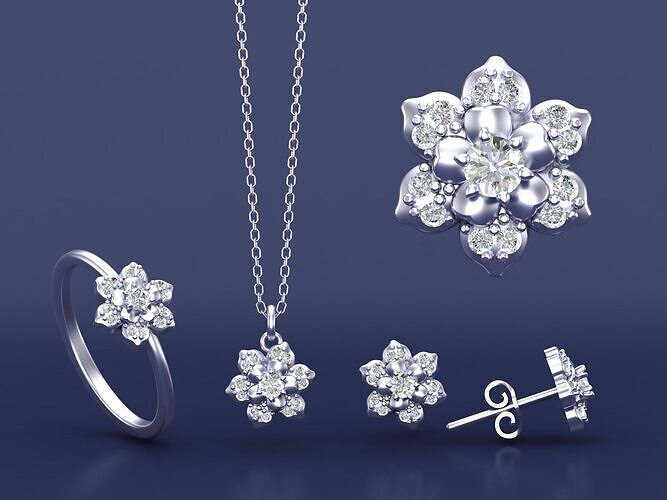 Peony Flowers Jewelry Collection Ring Necklace Stud Earrings 3D print model