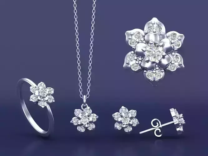 Peony Flowers Jewelry Collection Ring Necklace Stud Earrings