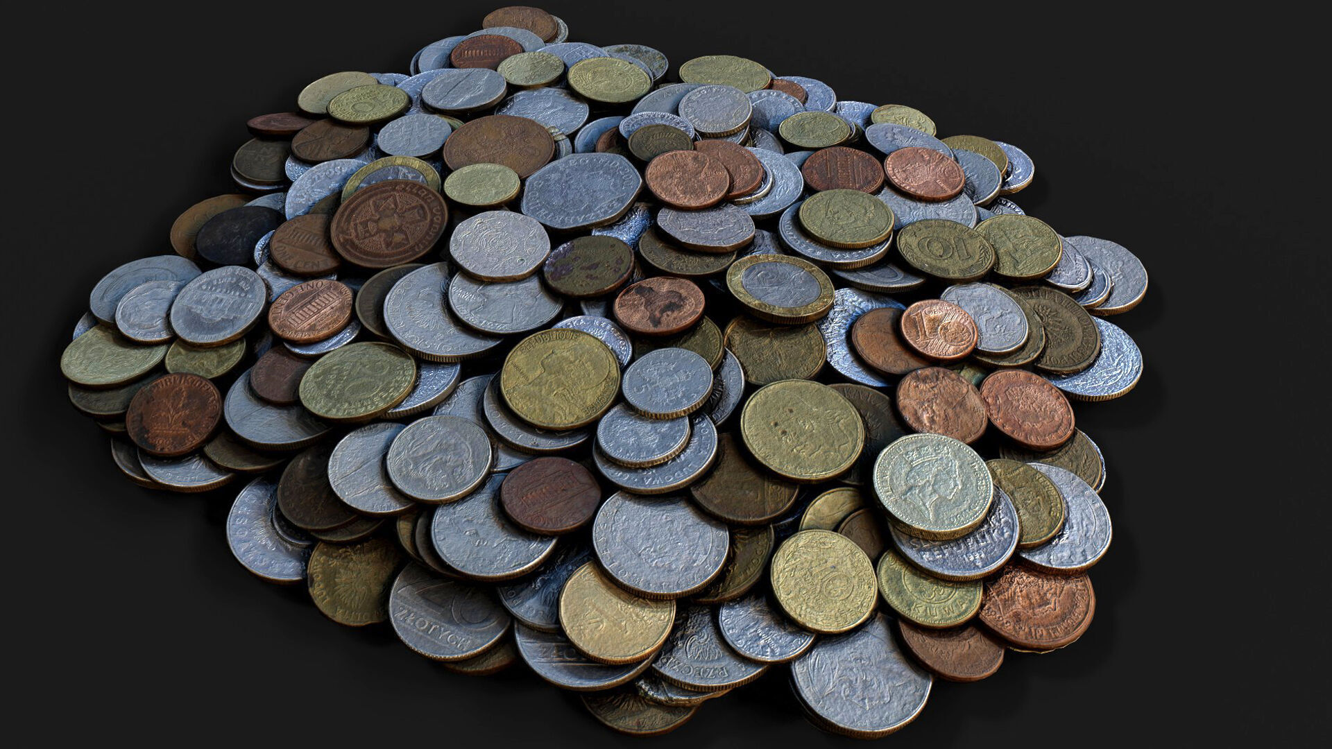 coins pile silver copper old types pt1 PBR photogrammetry Low-poly 3D model_1