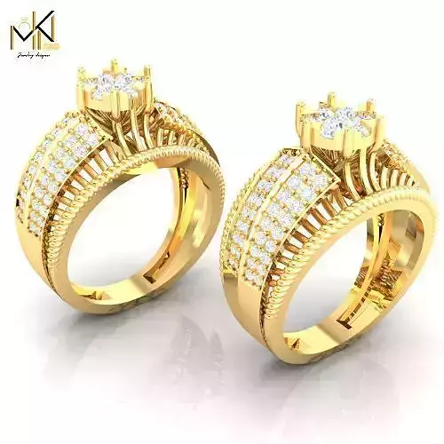 Triple Row Diamond Engagement Ring in Yellow Gold