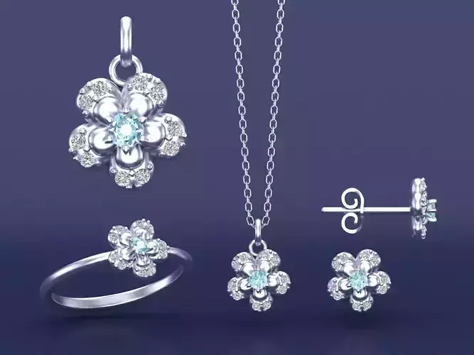 Forget Me Not Flower Jewelry Ring Necklace Earring CAD 3D print model