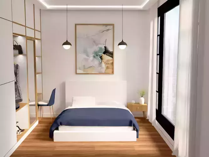 Modern Minimalist Small Bedroom Low-Poly 3D Interior Model