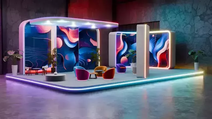 Futuristic 3D Exhibition Booth with Modern Furniture Hall Setup