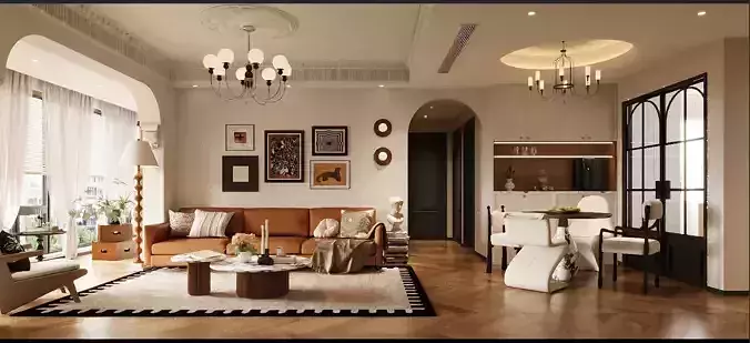 French-style mid-century modern dining and living room 3D model