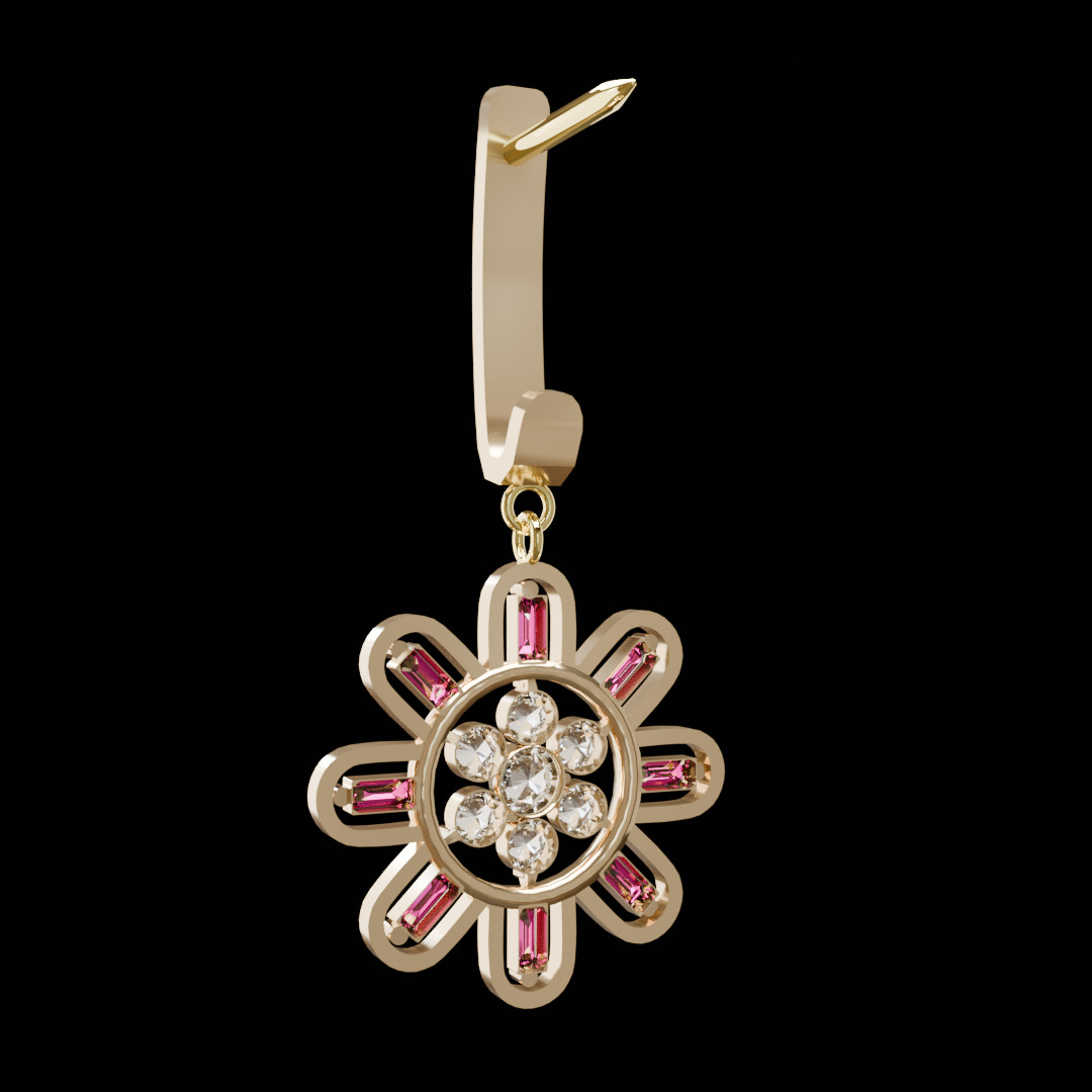 Flower shaped Earing with 8 petals decorated with ruby 3D model_5