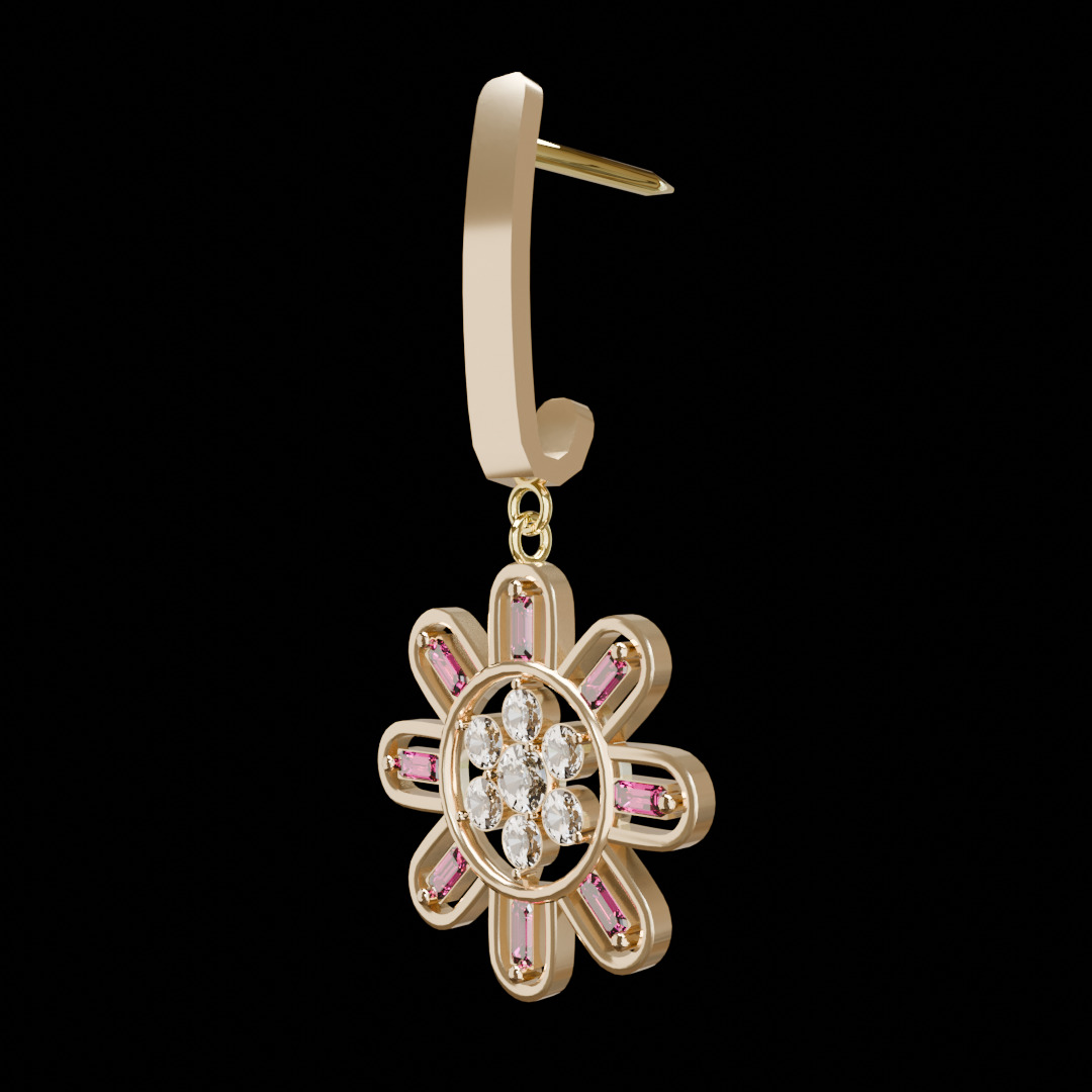Flower shaped Earing with 8 petals decorated with ruby 3D model_1