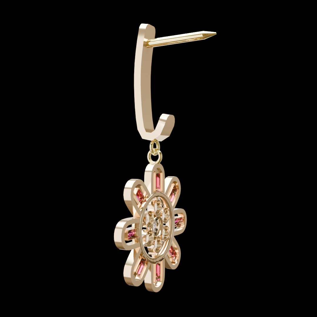 Flower shaped Earing with 8 petals decorated with ruby 3D model_4
