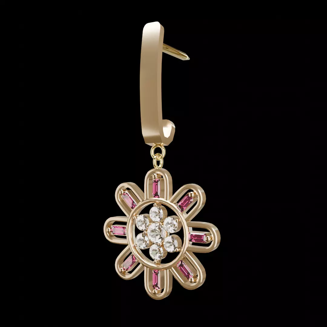 Flower shaped Earing with 8 petals decorated with ruby 3D model_0