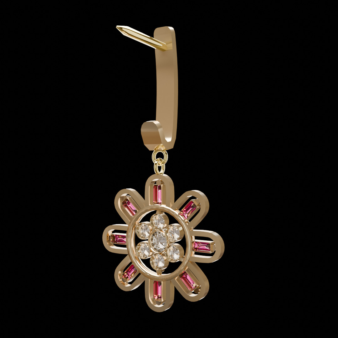 Flower shaped Earing with 8 petals decorated with ruby 3D model_7