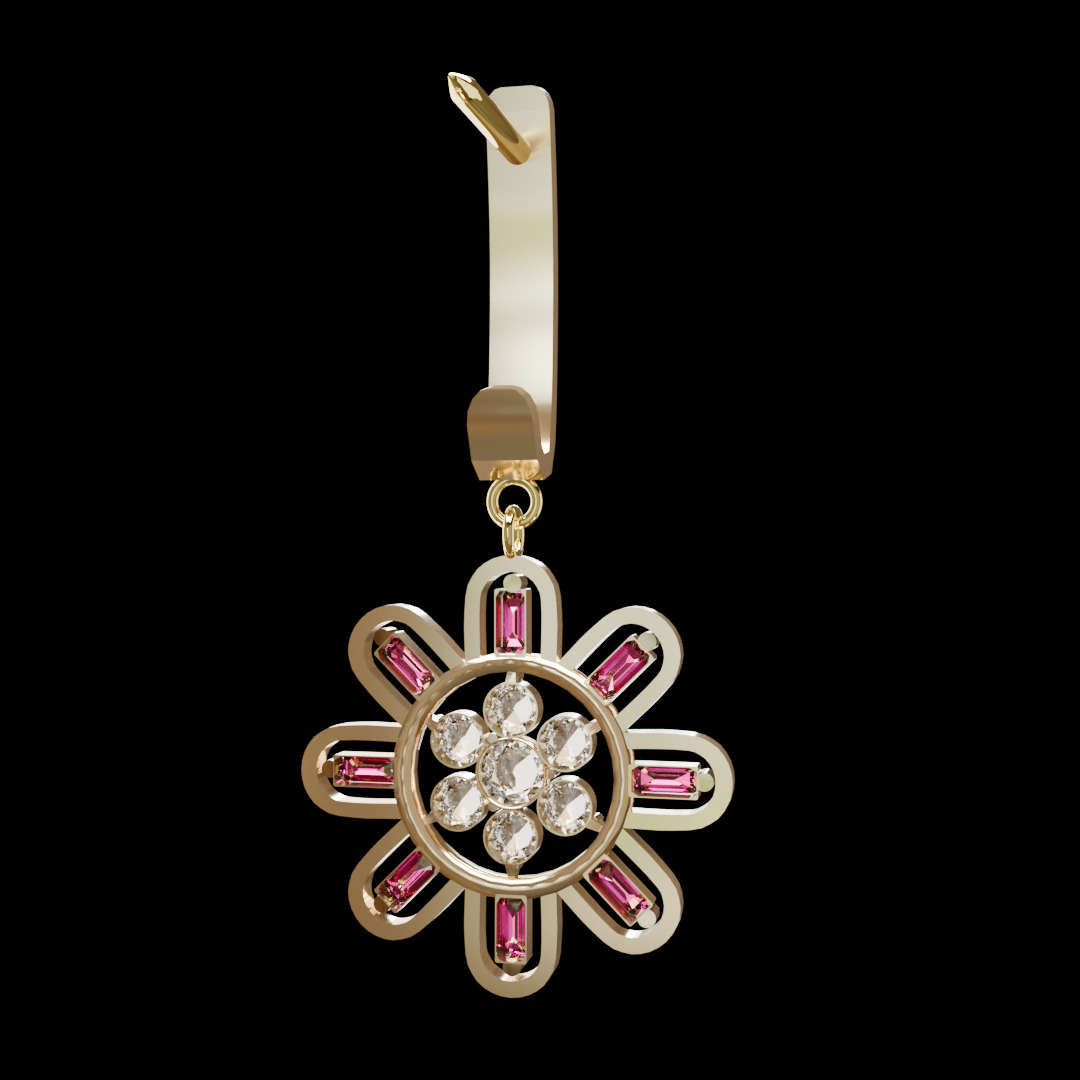 Flower shaped Earing with 8 petals decorated with ruby 3D model_6