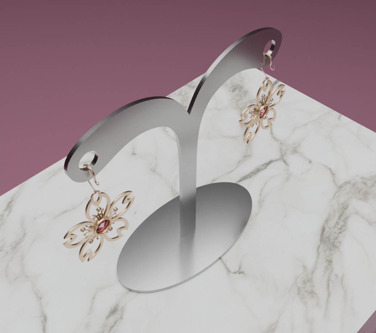 Digital Bloom Sakura Petal Earrings on Elegant Stand 3D model 3D model_9