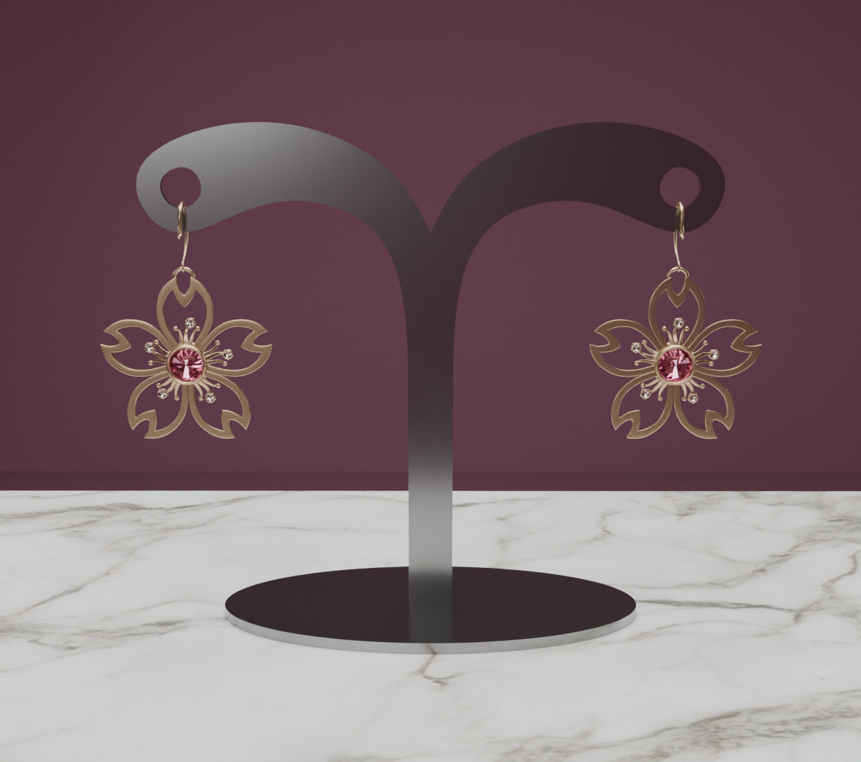Digital Bloom Sakura Petal Earrings on Elegant Stand 3D model 3D model_5