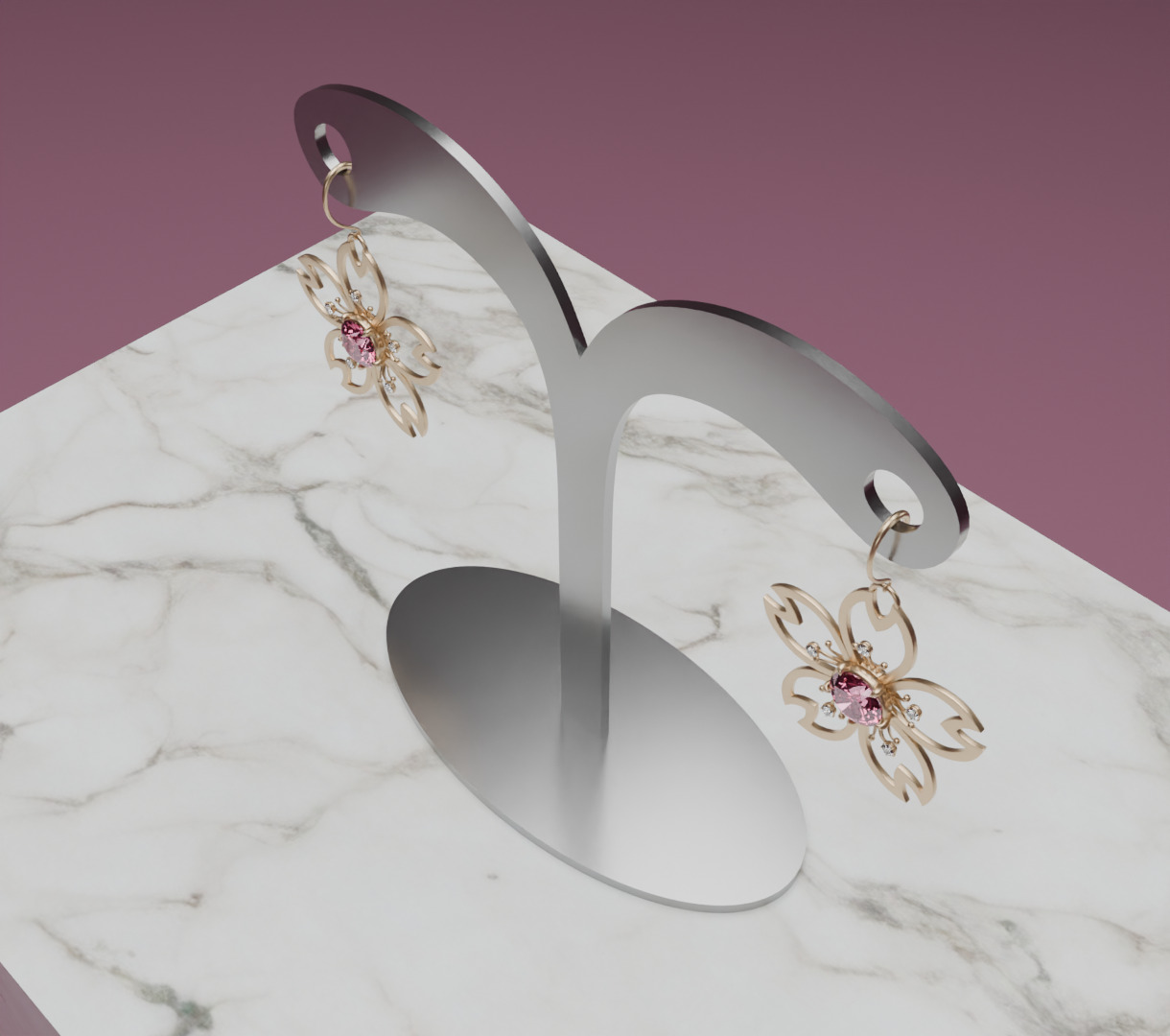 Digital Bloom Sakura Petal Earrings on Elegant Stand 3D model 3D model_8