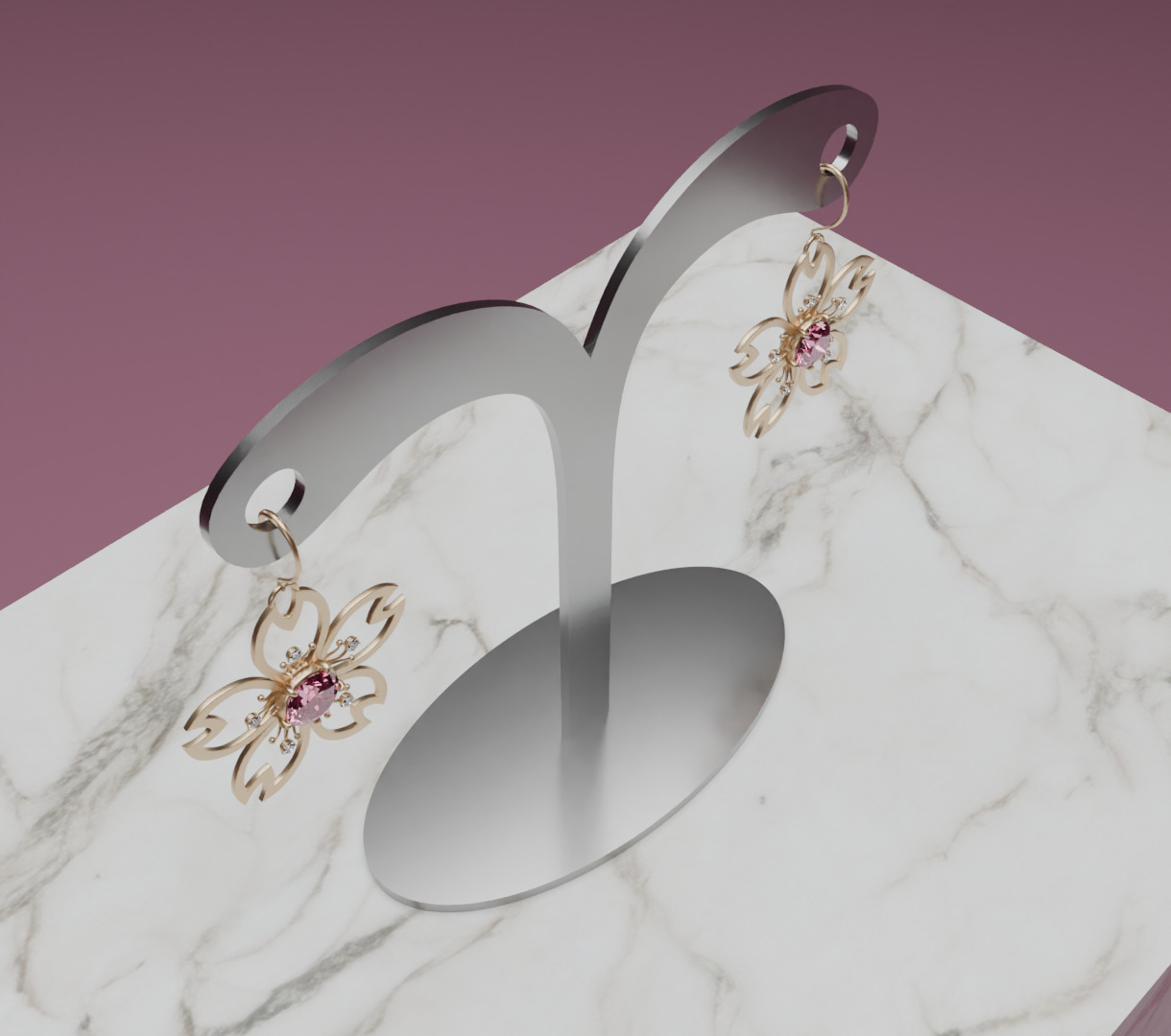Digital Bloom Sakura Petal Earrings on Elegant Stand 3D model 3D model_7
