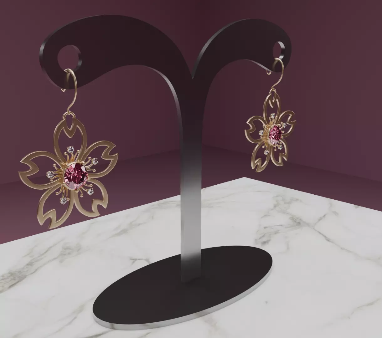 Digital Bloom Sakura Petal Earrings on Elegant Stand 3D model 3D model_0