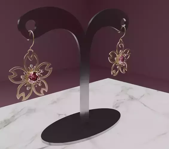 Digital Bloom Sakura Petal Earrings on Elegant Stand 3D model