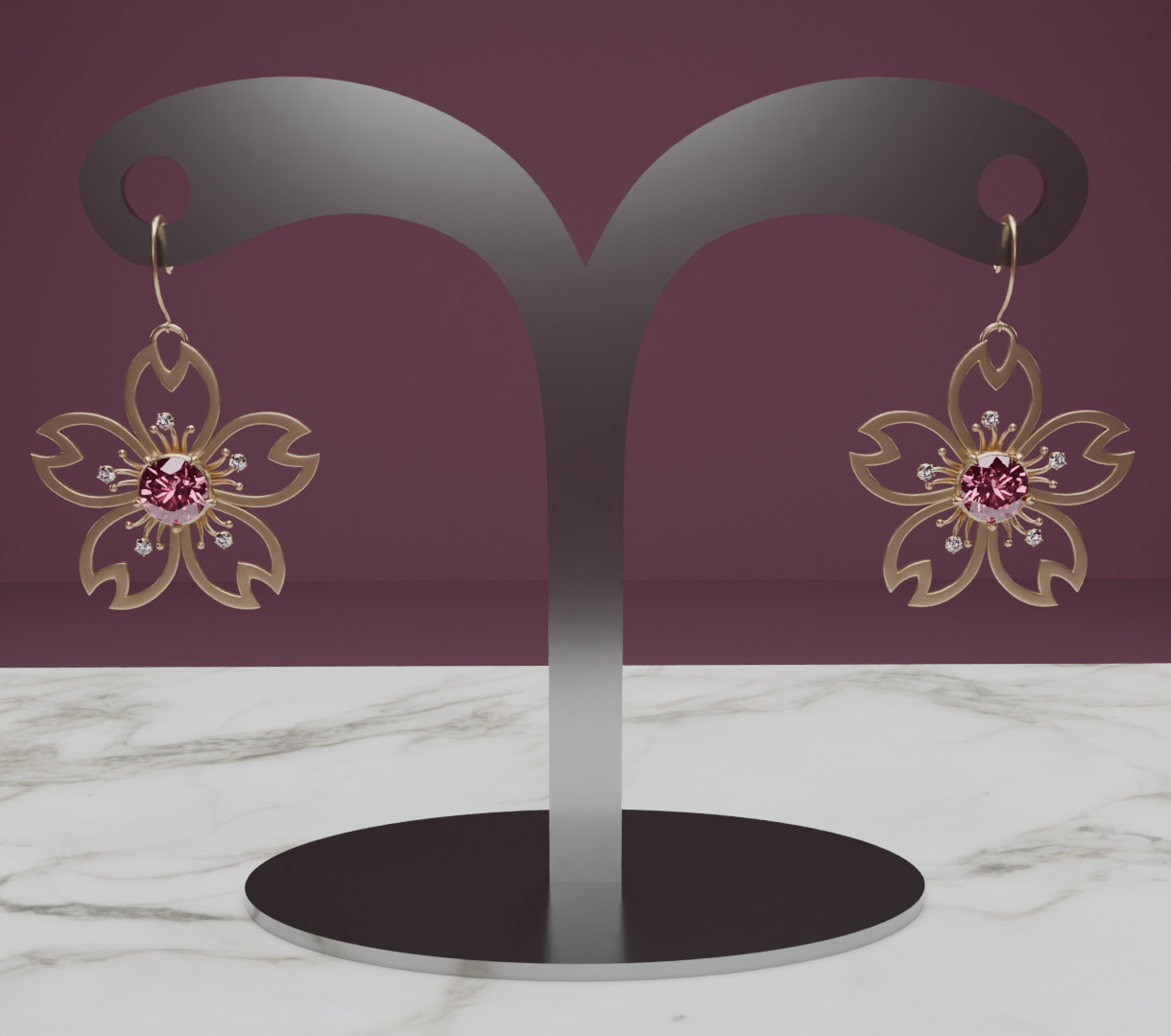 Digital Bloom Sakura Petal Earrings on Elegant Stand 3D model 3D model_1