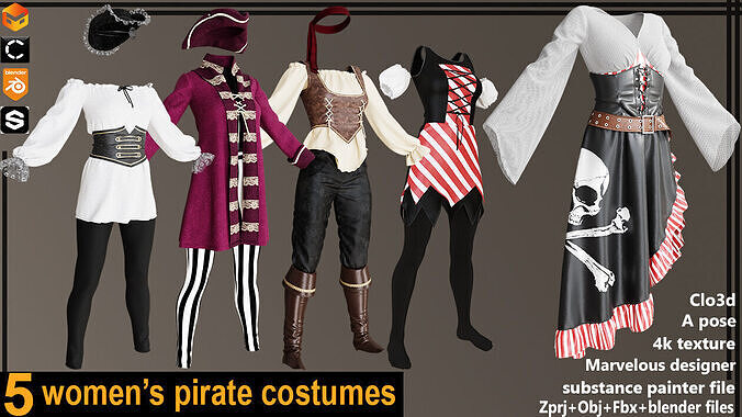 five womens pirate costumes 3D model