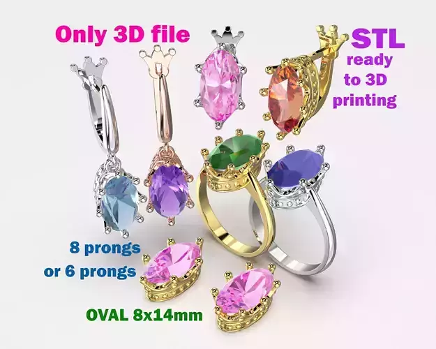 Crown Jewelry 3D Set  Ring Earrings Oval 8x14mm  STL