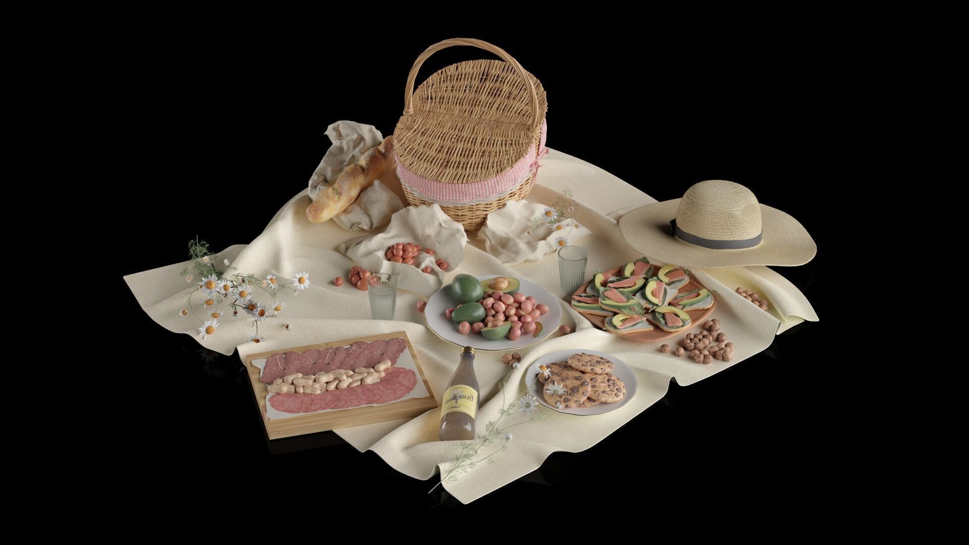 Picnic Food And Hat 3D model_5