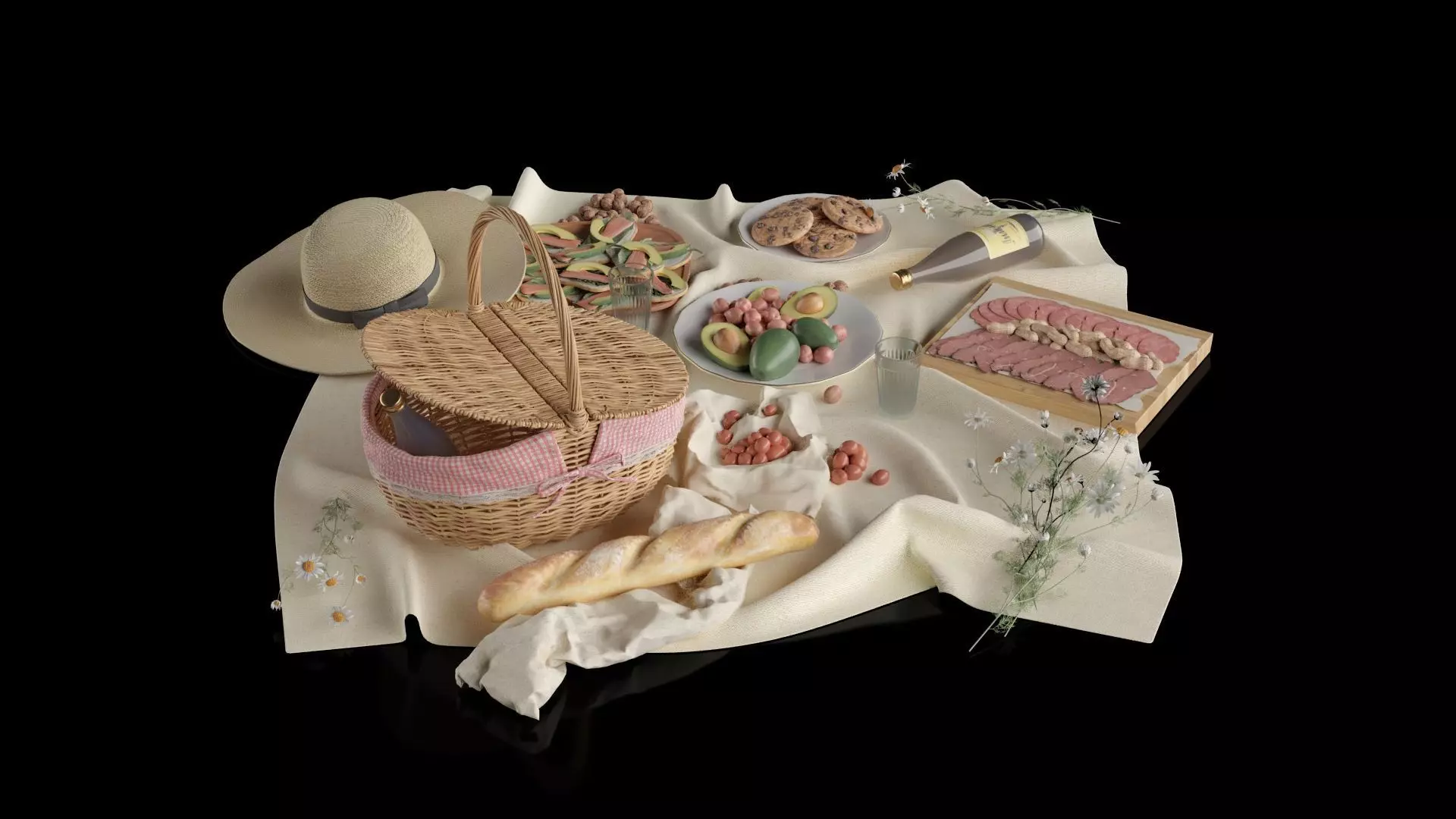 Picnic Food And Hat 3D model_0