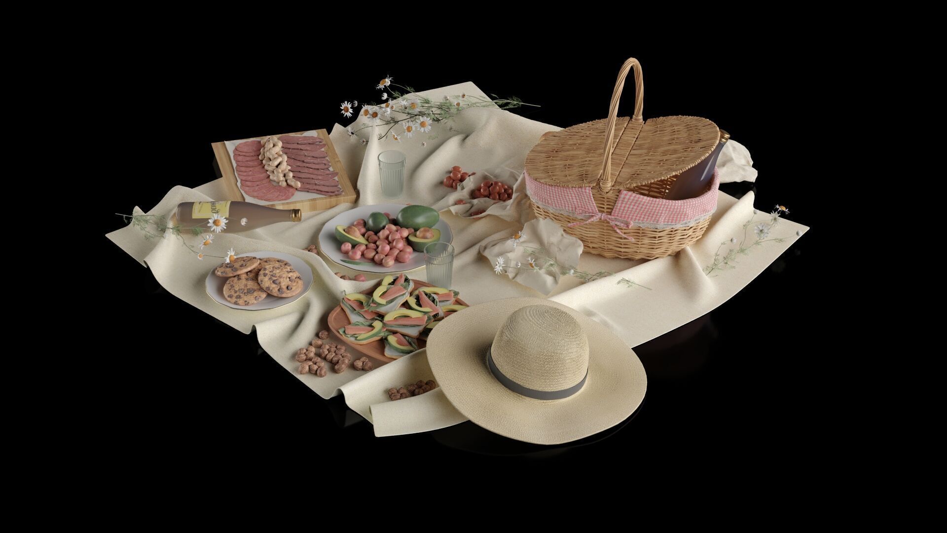 Picnic Food And Hat 3D model_3