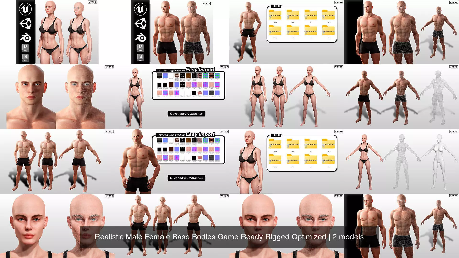 Realistic Male Female Base Bodies Game Ready Rigged Optimized 3D Model Collection_3