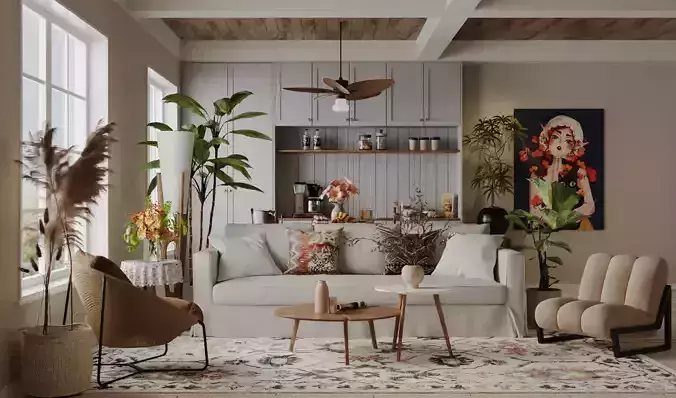 The living room of an American-style homestay 3D model