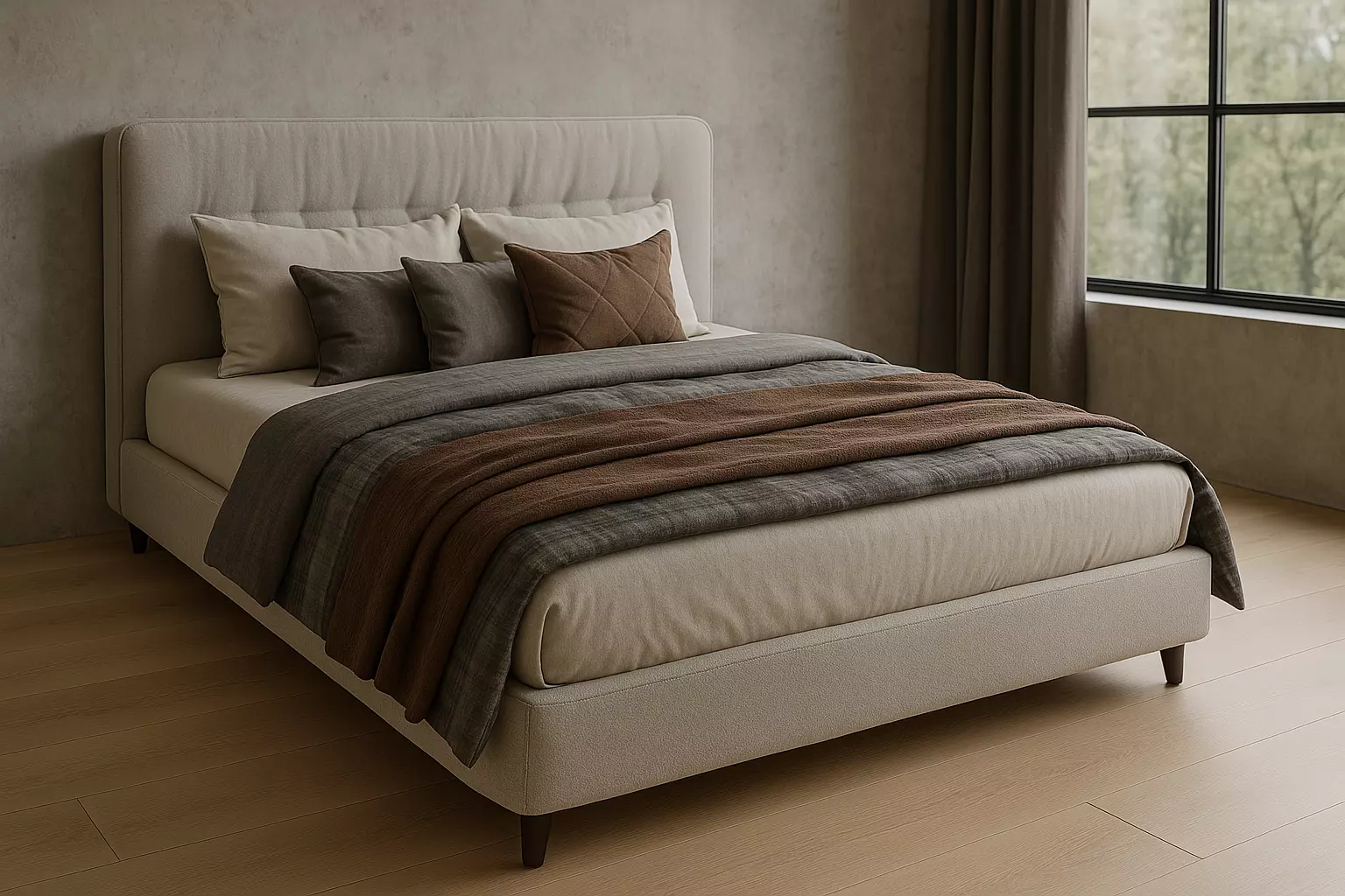 Upholstered Bed with Cushioned Headboard 3D model