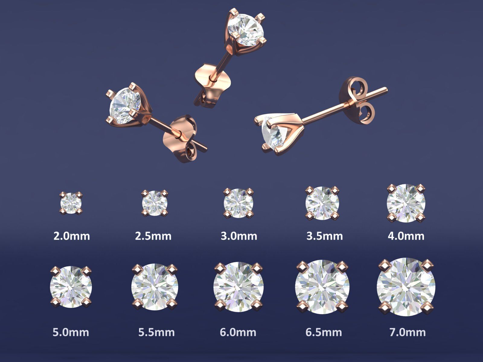 Diamond Studs 10 Sizes with Shank Setting Earrings CAD  3D print model_2