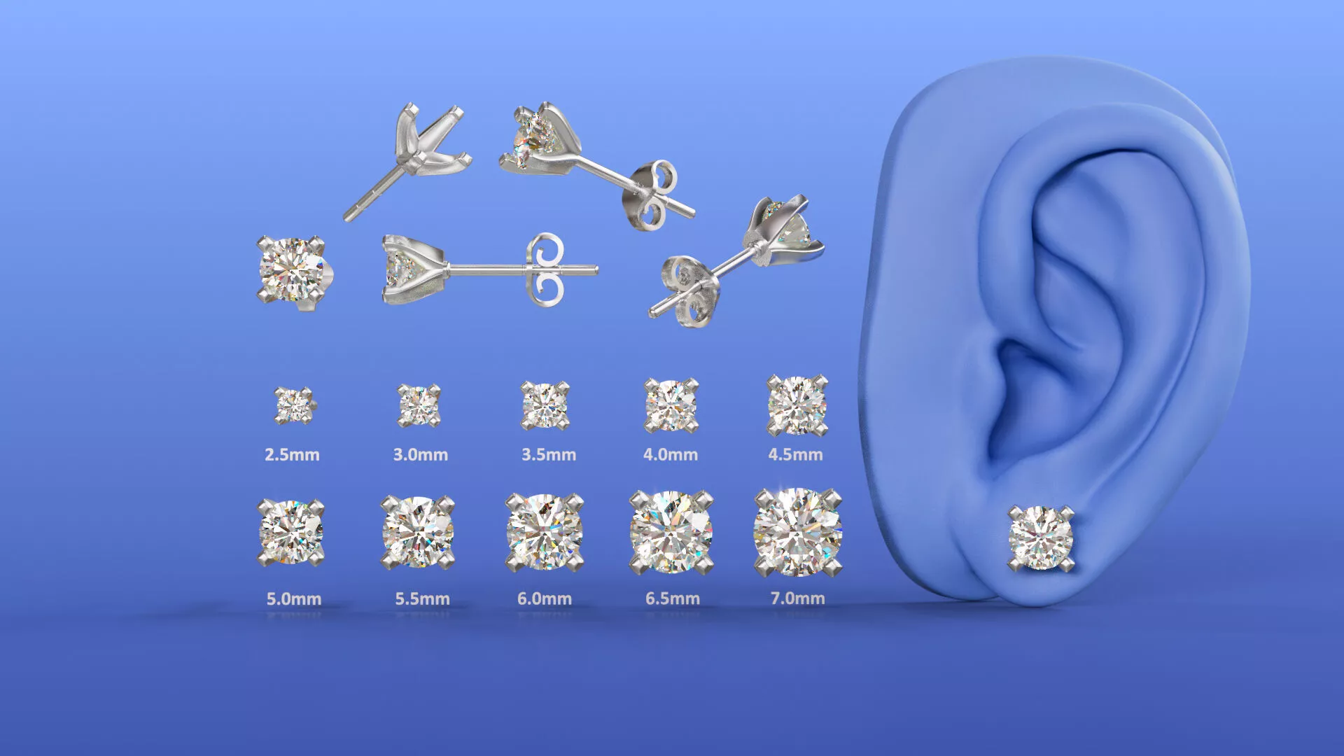 Four Prong Diamond Stud Earrings Round Solitaire 10 Size Design 3D print model