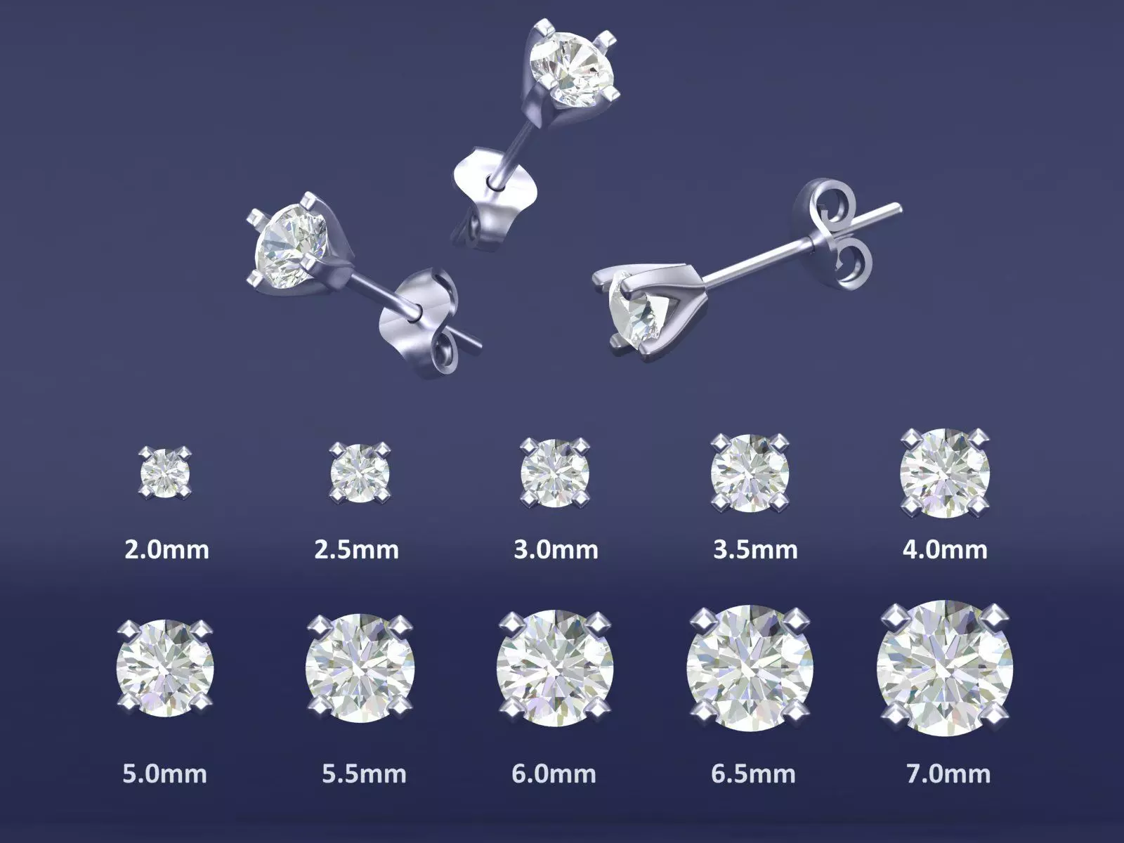Diamond Studs 10 Sizes with Shank Setting Earrings CAD  3D print model_0