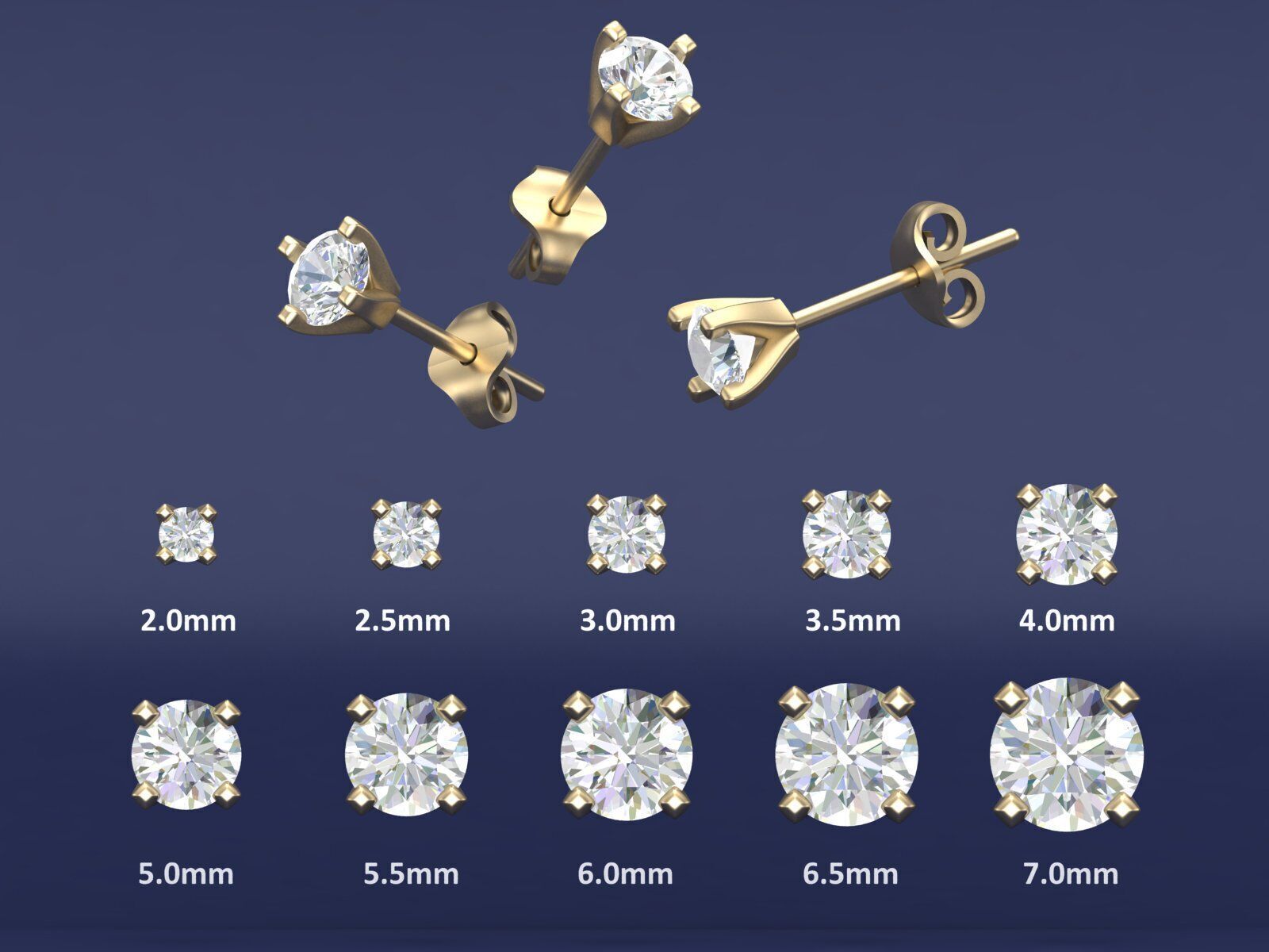 Diamond Studs 10 Sizes with Shank Setting Earrings CAD  3D print model_1