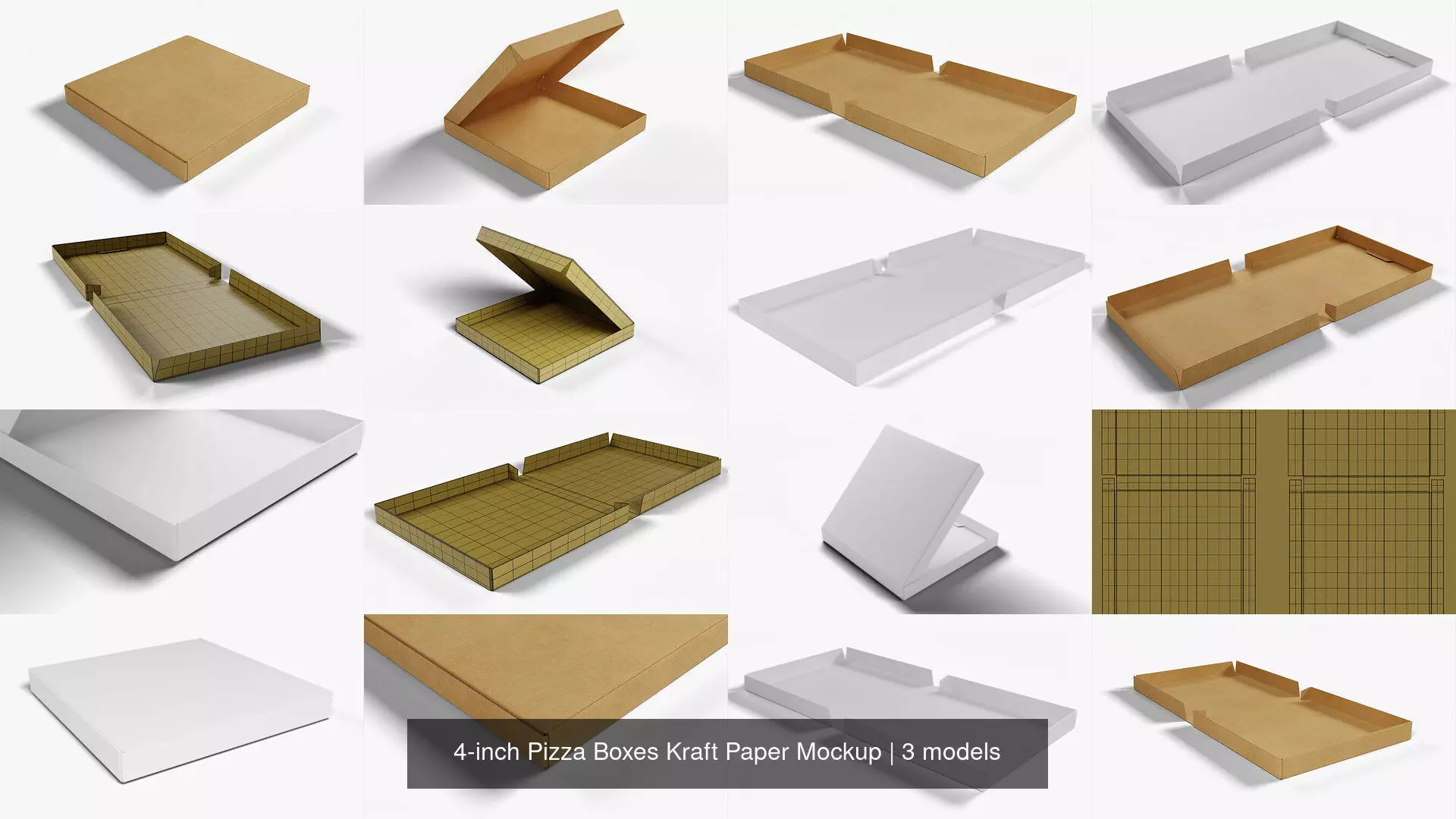 4-inch Pizza Boxes Kraft Paper Mockup 3D Model Collection_7