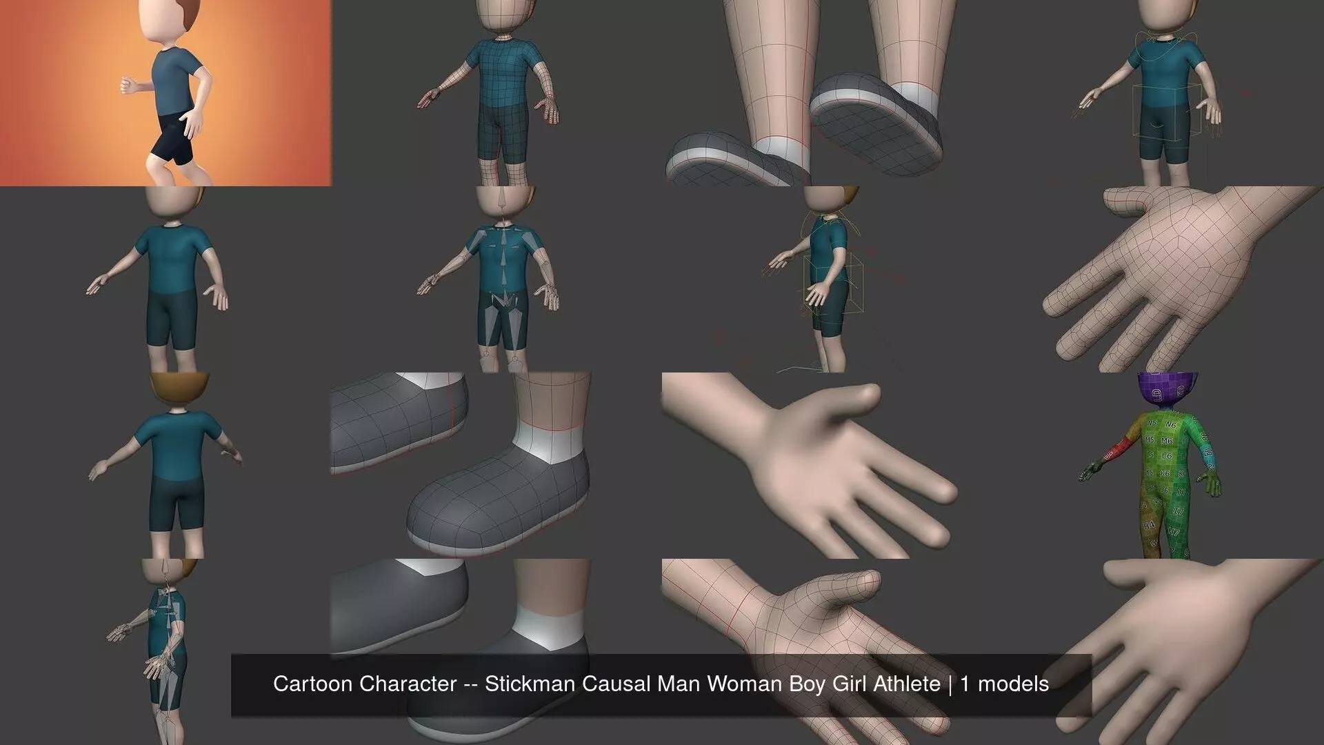 Cartoon Character -- Stickman Causal Man Woman Boy Girl Athlete 3D Model Collection_0