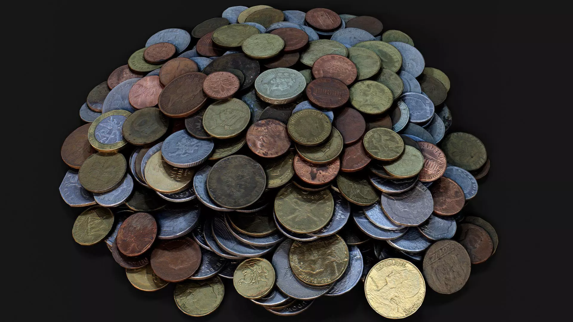 coins pile silver copper old types pt3 PBR photogrammetry Low-poly 3D model_0