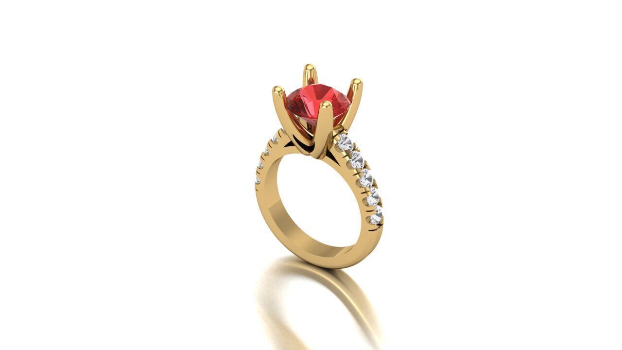 Round Center Stone Ring with Diamond Accented Shank 3D print model_1