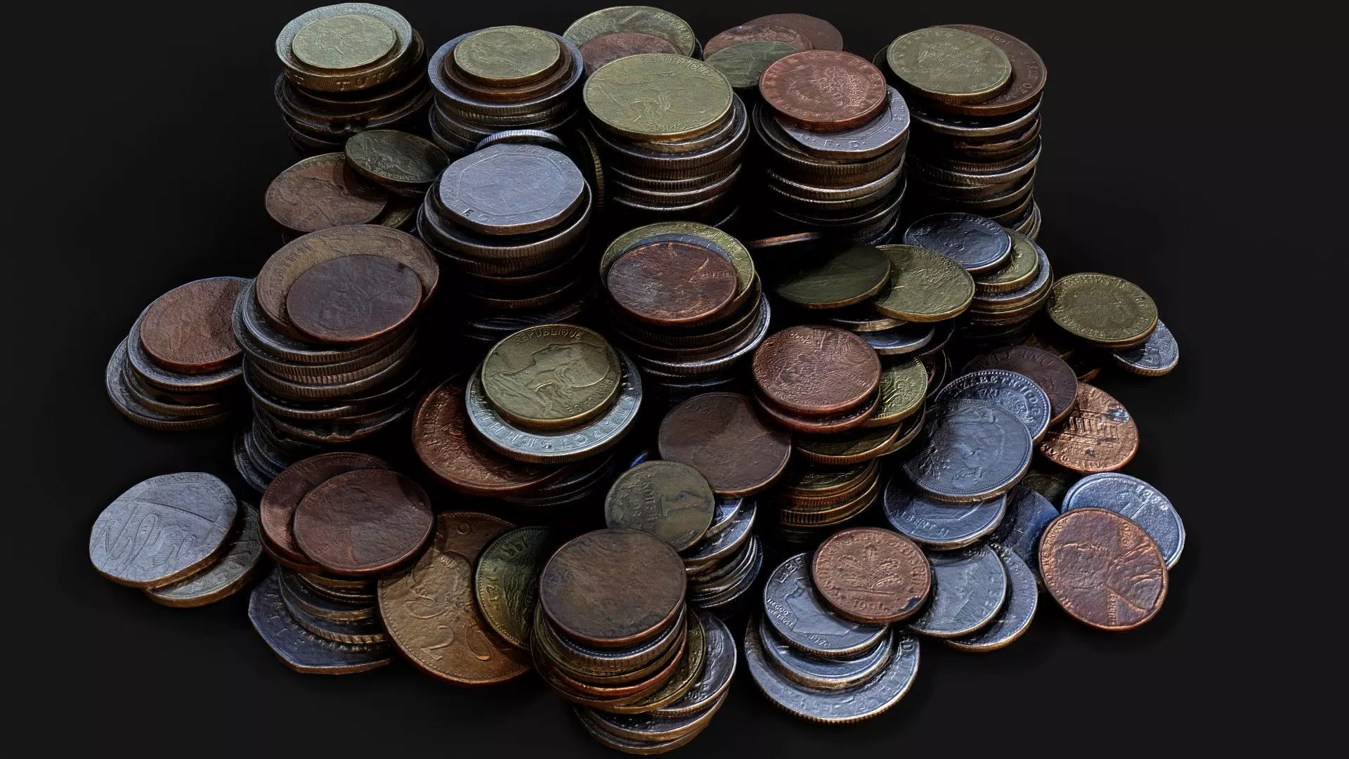 coins pile silver copper old types pt4 PBR photogrammetry Low-poly 3D model_0