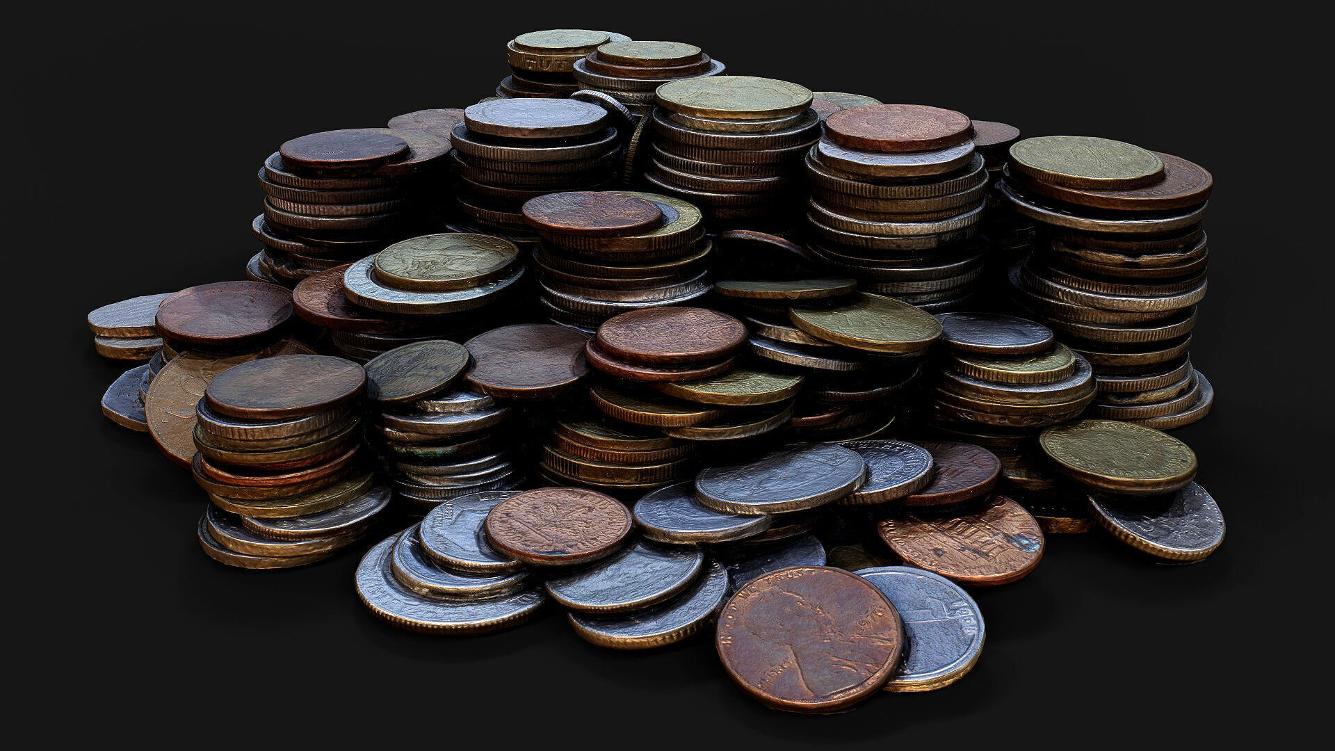 coins pile silver copper old types pt4 PBR photogrammetry Low-poly 3D model_1