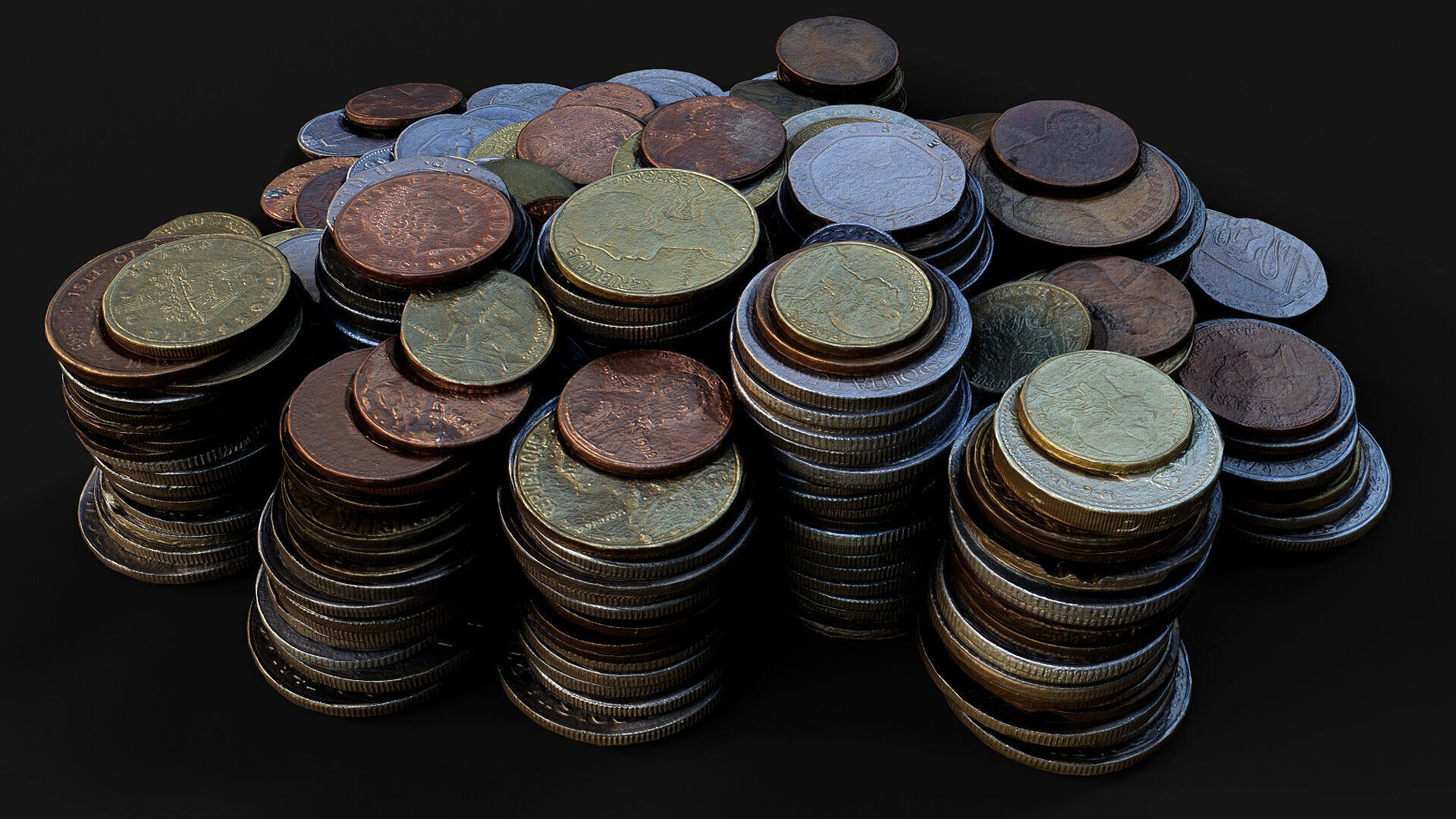 coins pile silver copper old types pt4 PBR photogrammetry Low-poly 3D model_3