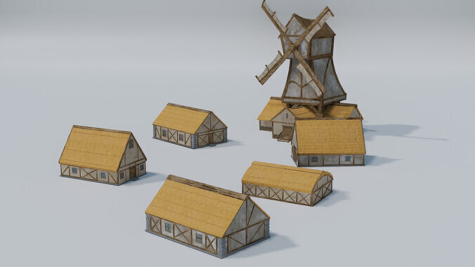 Medieval Stylized Village Pack  Windmill  Houses Low-poly 3D model 4